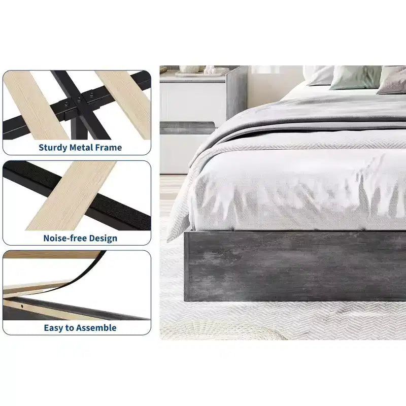 Cadre de lit plateforme Queen Size, cadre de lit en bois avec sommier à lattes en bois, aucun sommier tapissier requis, sans tête de lit, assemblage facile, gris