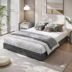 Cadre de lit plateforme Queen Size, cadre de lit en bois avec sommier à lattes en bois, aucun sommier tapissier requis, sans tête de lit, assemblage facile, gris