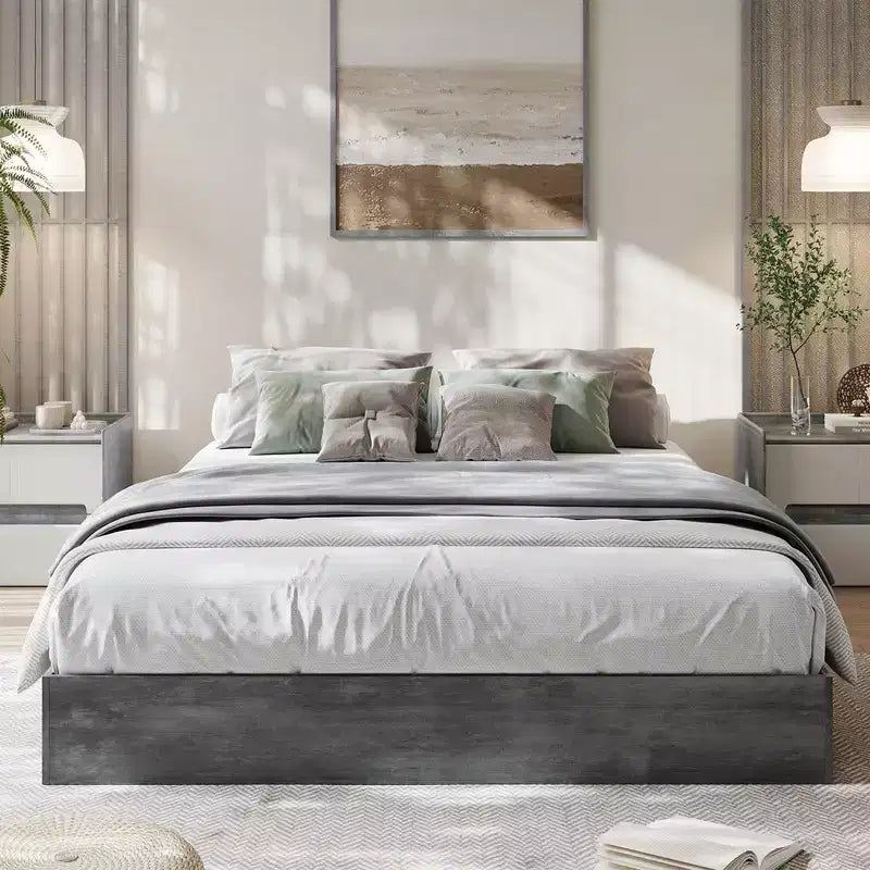 Cadre de lit plateforme Queen Size, cadre de lit en bois avec sommier à lattes en bois, aucun sommier tapissier requis, sans tête de lit, assemblage facile, gris