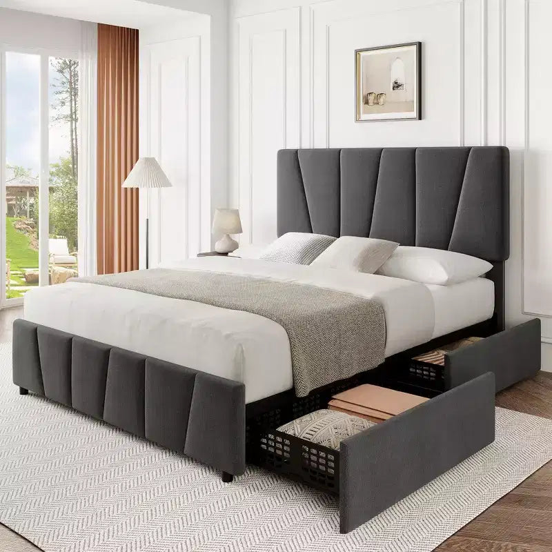 Cadre de lit plateforme rembourré avec tête de lit réglable et tiroirs de rangement - Lattes en bois, aucun sommier tapissier requis, mobilier de chambre moderne