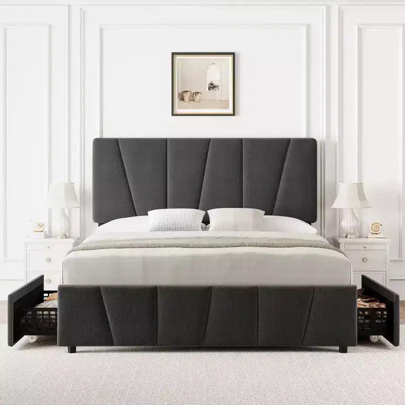 Cadre de lit plateforme rembourré avec tête de lit réglable et tiroirs de rangement - Lattes en bois, aucun sommier tapissier requis, mobilier de chambre moderne