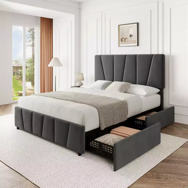 Cadre de lit plateforme rembourré avec tête de lit réglable et tiroirs de rangement - Lattes en bois, aucun sommier tapissier requis, mobilier de chambre moderne