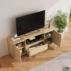 Meuble TV Rétro en Rotin avec Rangement, Meuble Bas pour TV avec Tiroir et Étagères Ouvertes, Convient aux TV Jusqu'à 70 Pouces pour Salon, Chambre