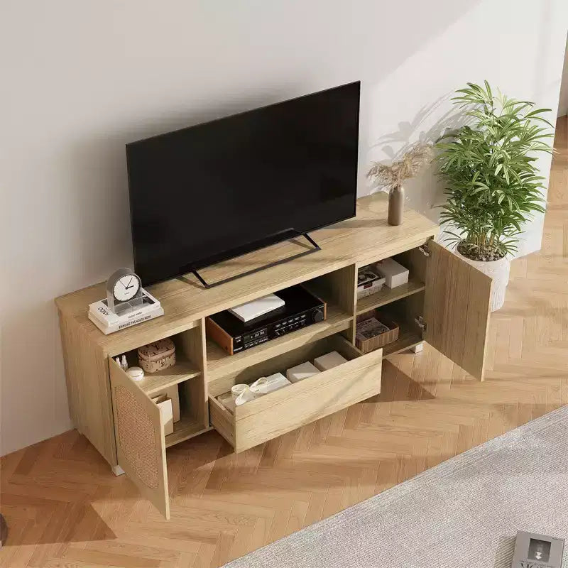 Meuble TV Rétro en Rotin avec Rangement, Meuble Bas pour TV avec Tiroir et Étagères Ouvertes, Convient aux TV Jusqu'à 70 Pouces pour Salon, Chambre