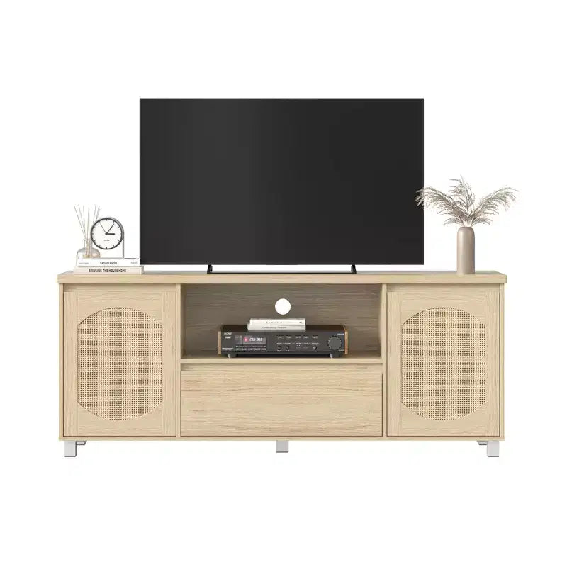 Meuble TV Rétro en Rotin avec Rangement, Meuble Bas pour TV avec Tiroir et Étagères Ouvertes, Convient aux TV Jusqu'à 70 Pouces pour Salon, Chambre