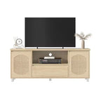 Meuble TV Rétro en Rotin avec Rangement, Meuble Bas pour TV avec Tiroir et Étagères Ouvertes, Convient aux TV Jusqu'à 70 Pouces pour Salon, Chambre
