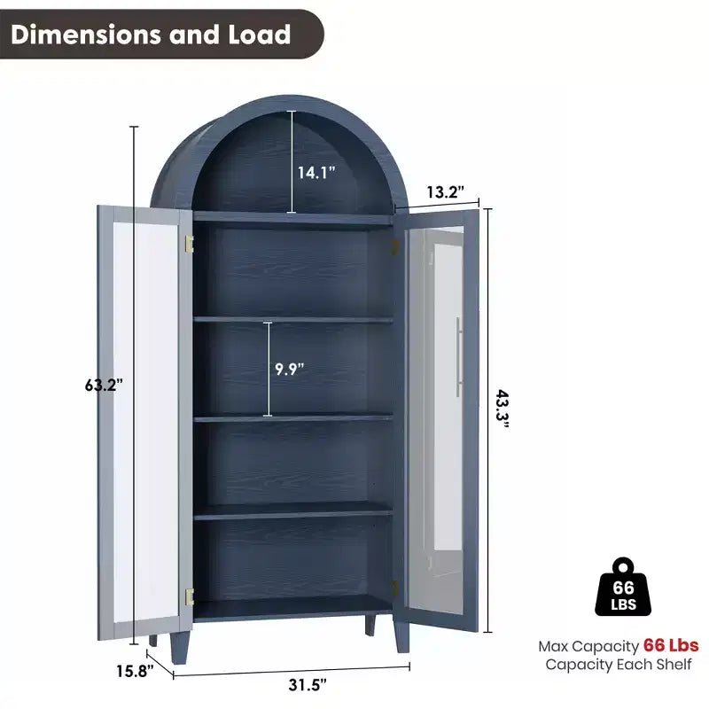 Armoire de rangement de cuisine à 5 niveaux avec portes en verre et étagère réglable, style ferme cintrée, vitrine pour cuisine, salle à manger et salon
