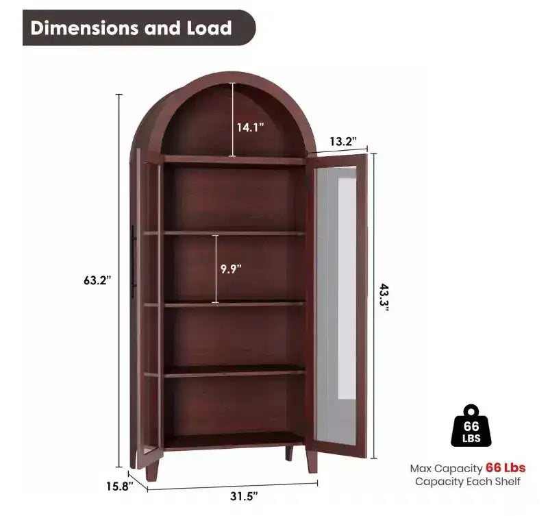 Armoire de rangement de cuisine à 5 niveaux avec portes en verre et étagère réglable, style ferme cintrée, vitrine pour cuisine, salle à manger et salon