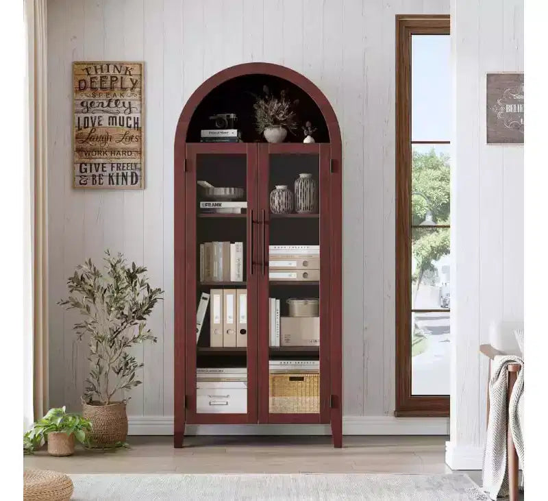Armoire de rangement de cuisine à 5 niveaux avec portes en verre et étagère réglable, style ferme cintrée, vitrine pour cuisine, salle à manger et salon