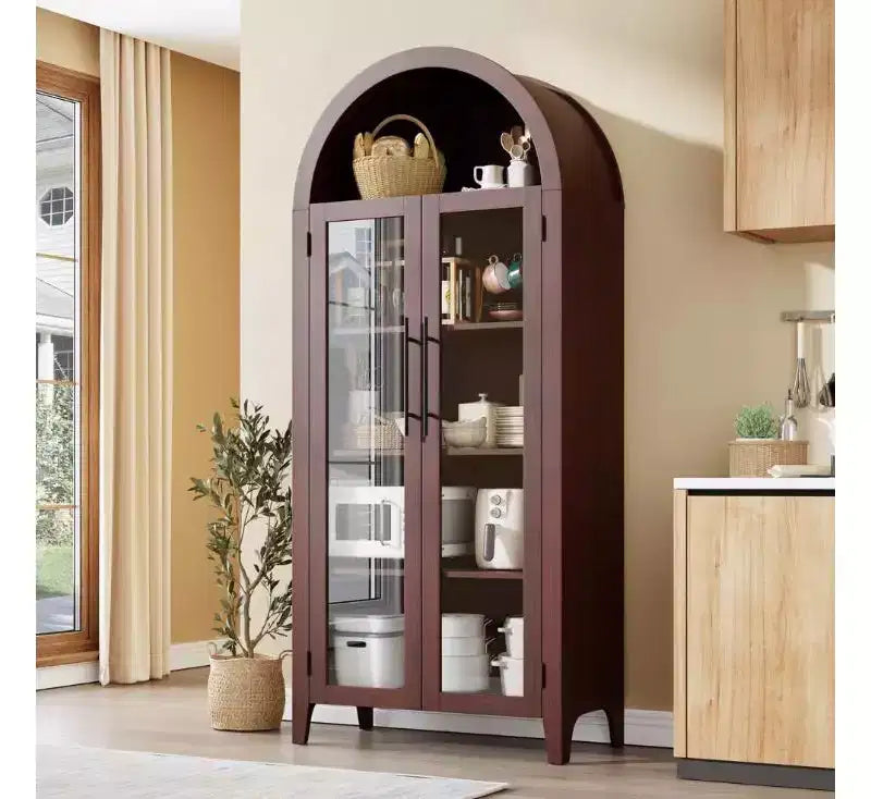 Armoire de rangement de cuisine à 5 niveaux avec portes en verre et étagère réglable, style ferme cintrée, vitrine pour cuisine, salle à manger et salon