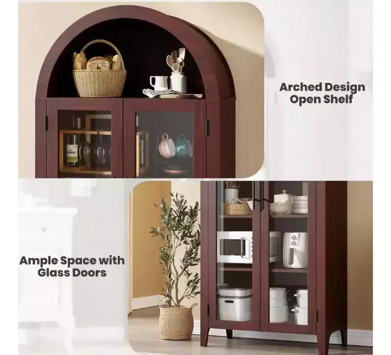 Armoire de rangement de cuisine à 5 niveaux avec portes en verre et étagère réglable, style ferme cintrée, vitrine pour cuisine, salle à manger et salon