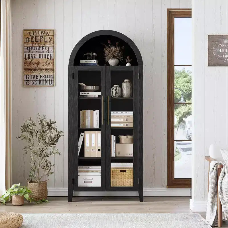 Armoire de rangement de cuisine à 5 niveaux avec portes en verre et étagère réglable, style ferme cintrée, vitrine pour cuisine, salle à manger et salon