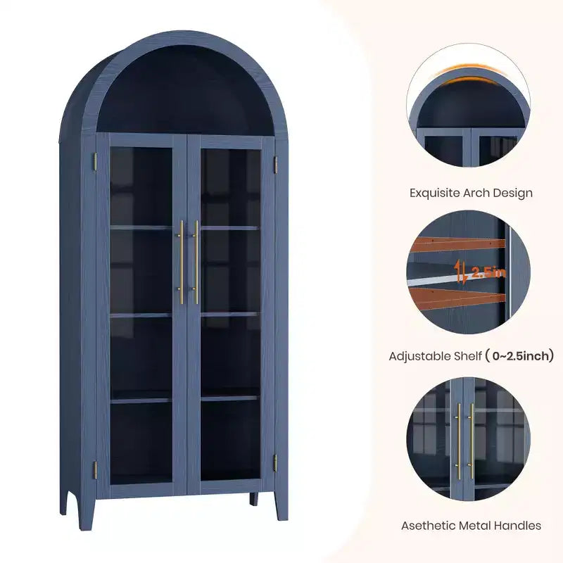 Armoire de rangement de cuisine à 5 niveaux avec portes en verre et étagère réglable, style ferme cintrée, vitrine pour cuisine, salle à manger et salon