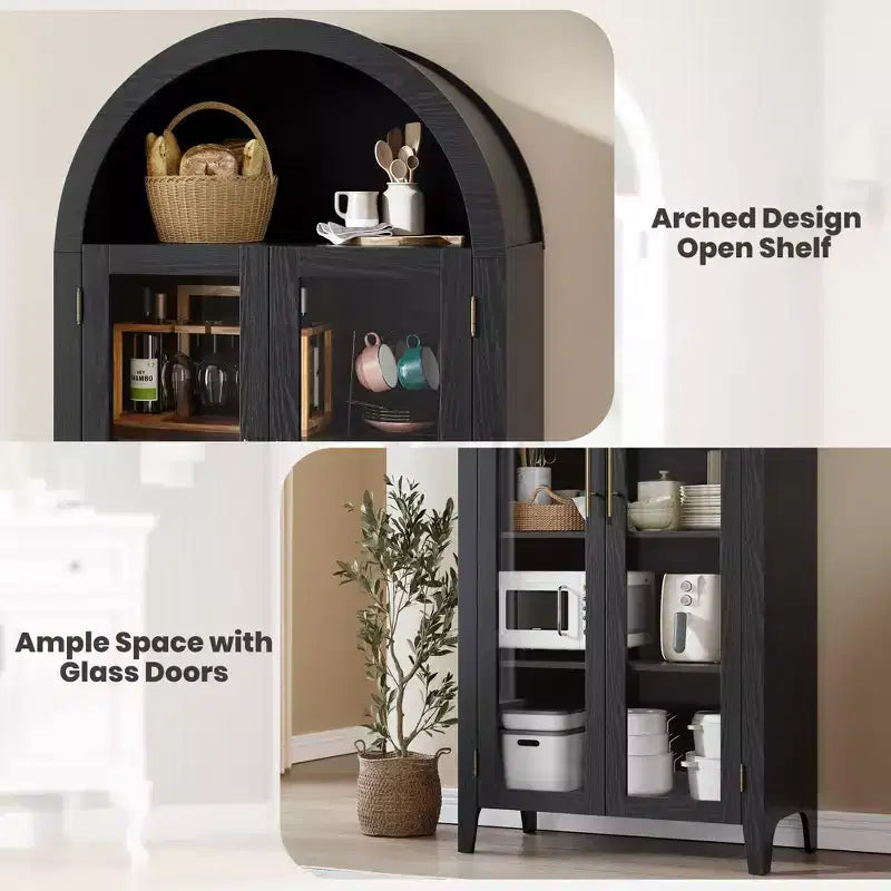 Armoire de rangement de cuisine à 5 niveaux avec portes en verre et étagère réglable, style ferme cintrée, vitrine pour cuisine, salle à manger et salon