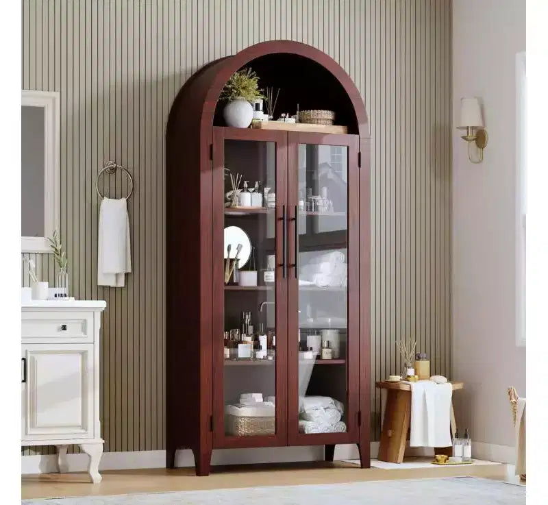 Armoire de rangement de cuisine à 5 niveaux avec portes en verre et étagère réglable, style ferme cintrée, vitrine pour cuisine, salle à manger et salon