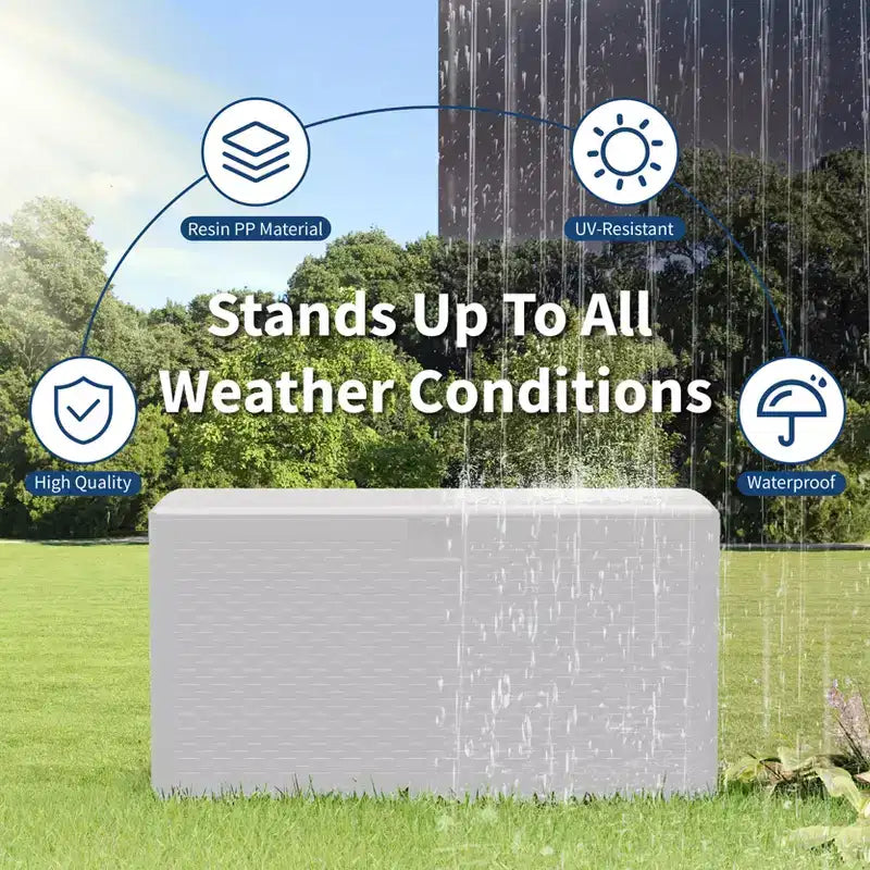 Coffre de rangement extérieur en PEHD de 375 L avec sangles, étanche pour outils de jardin, idéal pour terrasse, pelouse, piscine et garage.