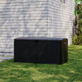 Coffre de rangement extérieur en PEHD de 375 L avec sangles, étanche pour outils de jardin, idéal pour terrasse, pelouse, piscine et garage.