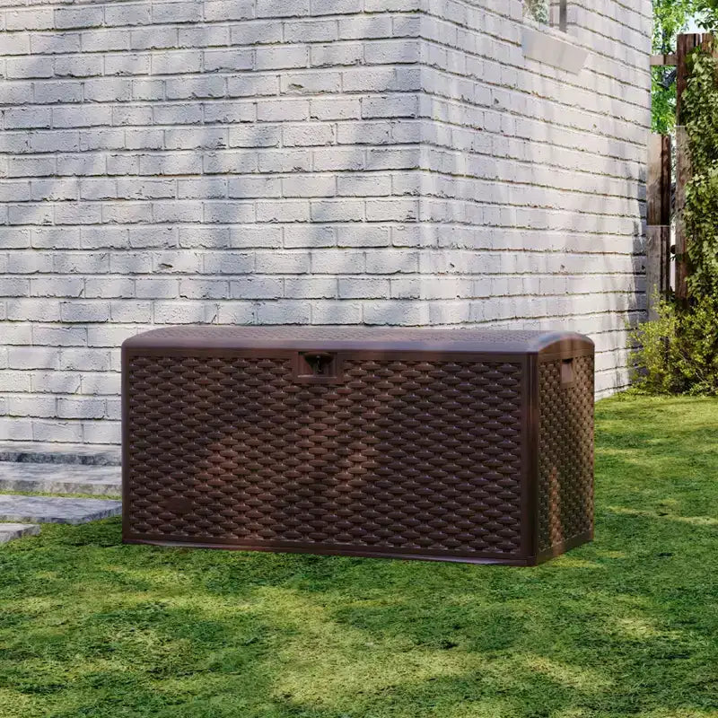 Coffre de rangement extérieur en PEHD de 375 L avec sangles, étanche pour outils de jardin, idéal pour terrasse, pelouse, piscine et garage.