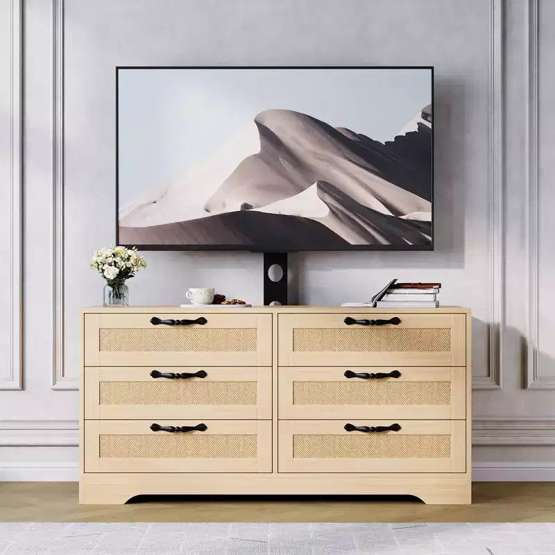 Meuble TV avec support pour téléviseurs de 32 à 85 pouces, commode en rotin à 6 tiroirs, console média avec rangement généreux