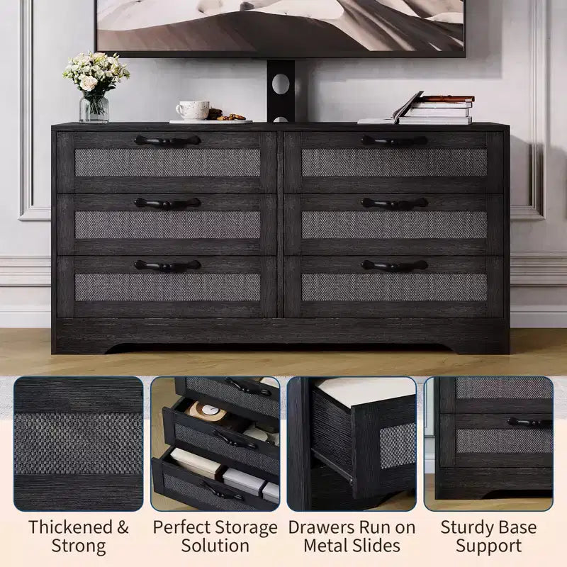 Meuble TV avec support pour téléviseurs de 32 à 85 pouces, commode en rotin à 6 tiroirs, console média avec rangement généreux