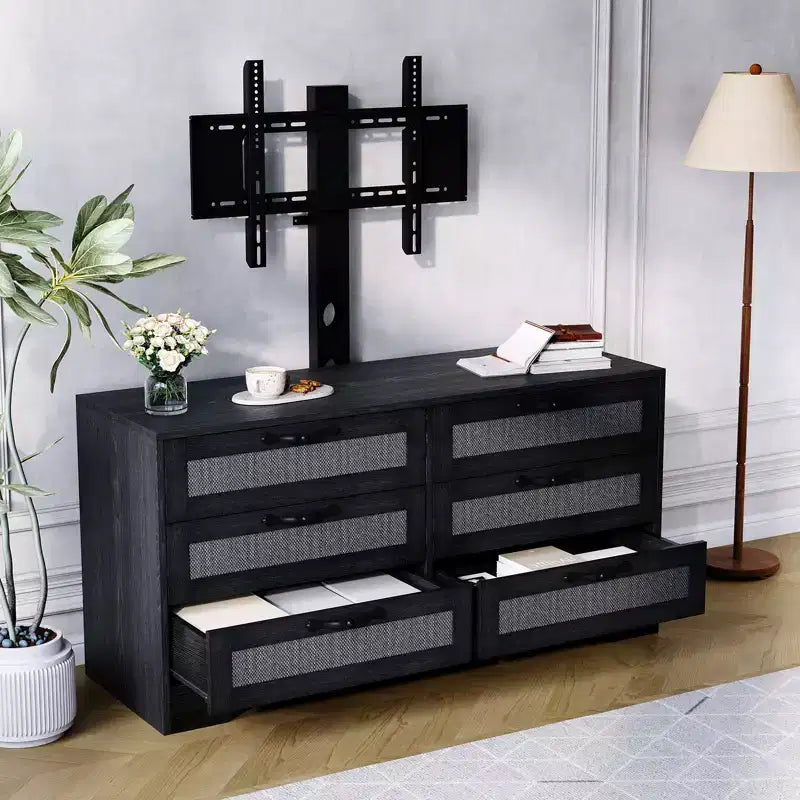 Meuble TV avec support pour téléviseurs de 32 à 85 pouces, commode en rotin à 6 tiroirs, console média avec rangement généreux