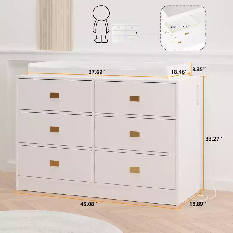Commode/table à langer 6 tiroirs blanche pour chambre de bébé – plateau amovible avec matelas à langer, inclut un espace de rangement pour vêtements et accessoires.