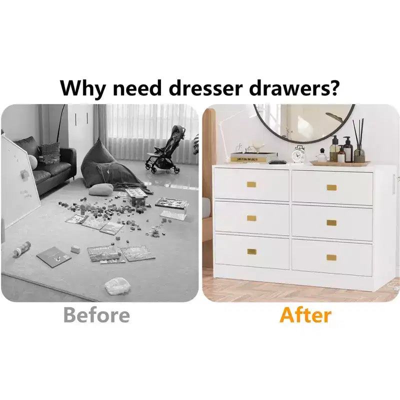 Commode/table à langer 6 tiroirs blanche pour chambre de bébé – plateau amovible avec matelas à langer, inclut un espace de rangement pour vêtements et accessoires.