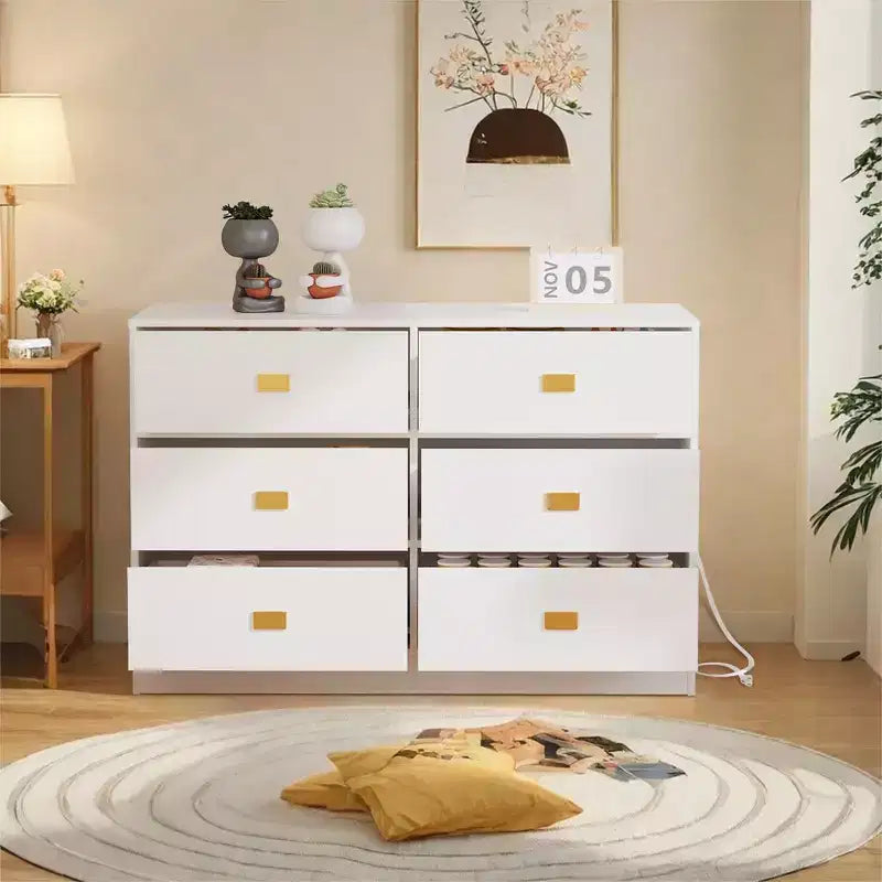 Commode/table à langer 6 tiroirs blanche pour chambre de bébé – plateau amovible avec matelas à langer, inclut un espace de rangement pour vêtements et accessoires.