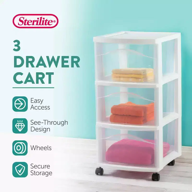 Chariot de rangement à 3 tiroirs Sterilite, organisateur roulant en plastique moyen, blanc, paquet de 6
