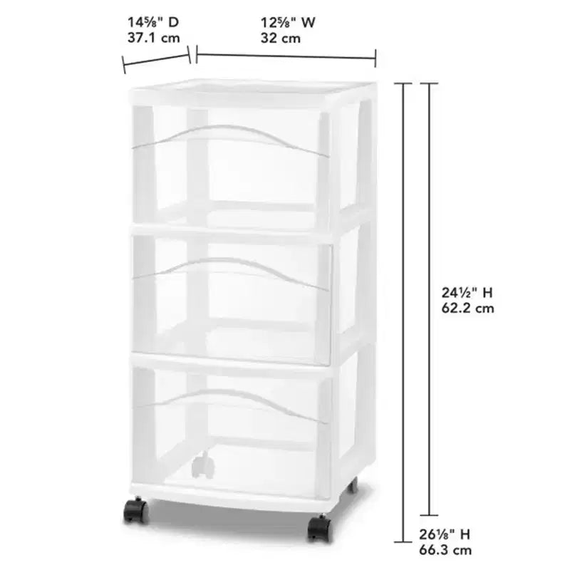 Chariot de rangement à 3 tiroirs Sterilite, organisateur roulant en plastique moyen, blanc, paquet de 6