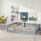 Lit au sol Montessori pleine grandeur Bellemave avec clôture et porte, lit bas en bois pour enfants avec barrières de sécurité, en bois d'hévéa massif, assemblage facile
