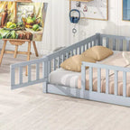 Lit au sol Montessori pleine grandeur Bellemave avec clôture et porte, lit bas en bois pour enfants avec barrières de sécurité, en bois d'hévéa massif, assemblage facile