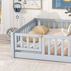 Lit au sol Montessori pleine grandeur Bellemave avec clôture et porte, lit bas en bois pour enfants avec barrières de sécurité, en bois d'hévéa massif, assemblage facile