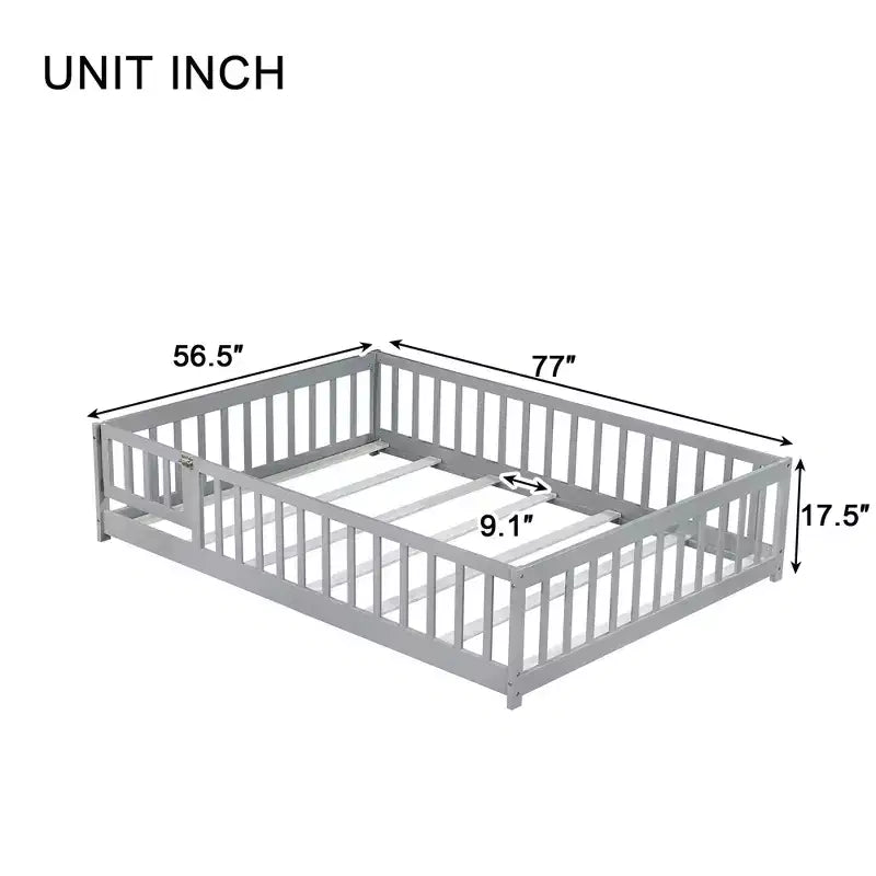 Lit au sol Montessori pleine grandeur Bellemave avec clôture et porte, lit bas en bois pour enfants avec barrières de sécurité, en bois d'hévéa massif, assemblage facile