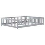 Lit au sol Montessori pleine grandeur Bellemave avec clôture et porte, lit bas en bois pour enfants avec barrières de sécurité, en bois d'hévéa massif, assemblage facile