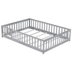 Lit au sol Montessori pleine grandeur Bellemave avec clôture et porte, lit bas en bois pour enfants avec barrières de sécurité, en bois d'hévéa massif, assemblage facile