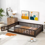 Lit au sol Montessori pleine grandeur Bellemave avec clôture et porte, lit bas en bois pour enfants avec barrières de sécurité, en bois d'hévéa massif, assemblage facile