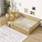 Lit au sol Montessori pleine grandeur Bellemave avec clôture et porte, lit bas en bois pour enfants avec barrières de sécurité, en bois d'hévéa massif, assemblage facile