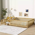 Lit au sol Montessori pleine grandeur Bellemave avec clôture et porte, lit bas en bois pour enfants avec barrières de sécurité, en bois d'hévéa massif, assemblage facile