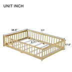 Lit au sol Montessori pleine grandeur Bellemave avec clôture et porte, lit bas en bois pour enfants avec barrières de sécurité, en bois d'hévéa massif, assemblage facile