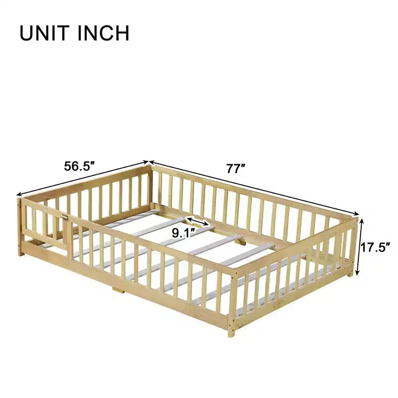 Lit au sol Montessori pleine grandeur Bellemave avec clôture et porte, lit bas en bois pour enfants avec barrières de sécurité, en bois d'hévéa massif, assemblage facile