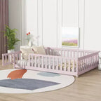 Lit au sol Montessori pleine grandeur Bellemave avec clôture et porte, lit bas en bois pour enfants avec barrières de sécurité, en bois d'hévéa massif, assemblage facile