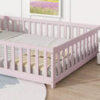 Lit au sol Montessori pleine grandeur Bellemave avec clôture et porte, lit bas en bois pour enfants avec barrières de sécurité, en bois d'hévéa massif, assemblage facile