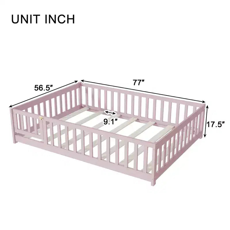 Lit au sol Montessori pleine grandeur Bellemave avec clôture et porte, lit bas en bois pour enfants avec barrières de sécurité, en bois d'hévéa massif, assemblage facile