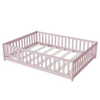 Lit au sol Montessori pleine grandeur Bellemave avec clôture et porte, lit bas en bois pour enfants avec barrières de sécurité, en bois d'hévéa massif, assemblage facile