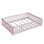 Lit au sol Montessori pleine grandeur Bellemave avec clôture et porte, lit bas en bois pour enfants avec barrières de sécurité, en bois d'hévéa massif, assemblage facile