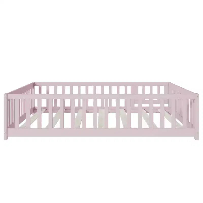 Lit au sol Montessori pleine grandeur Bellemave avec clôture et porte, lit bas en bois pour enfants avec barrières de sécurité, en bois d'hévéa massif, assemblage facile