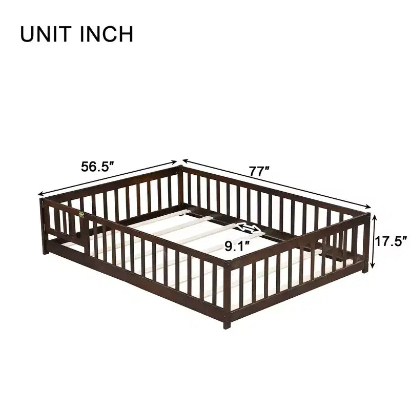 Lit au sol Montessori pleine grandeur Bellemave avec clôture et porte, lit bas en bois pour enfants avec barrières de sécurité, en bois d'hévéa massif, assemblage facile