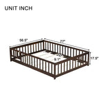 Lit au sol Montessori pleine grandeur Bellemave avec clôture et porte, lit bas en bois pour enfants avec barrières de sécurité, en bois d'hévéa massif, assemblage facile