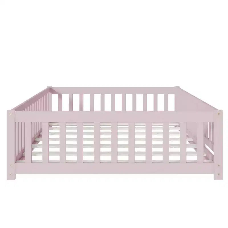 Lit au sol Montessori pleine grandeur Bellemave avec clôture et porte, lit bas en bois pour enfants avec barrières de sécurité, en bois d'hévéa massif, assemblage facile